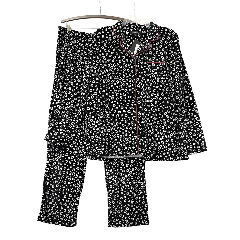 Ellen Tracy NWT Large Women's Black White Leopard Print Pajama 2PC Set